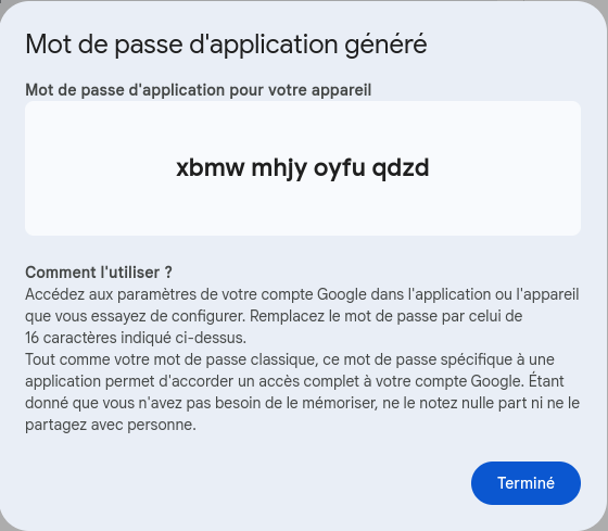 Affichage du mot de passe d’application