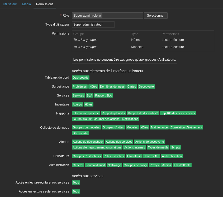 Ajout des permissions appropriées sur l’utilisateur